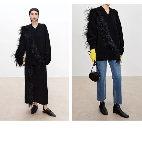 CHICJOC Women cashmere and wool V-neck sweater with handmade ostrich feather - Picture 3 of 15